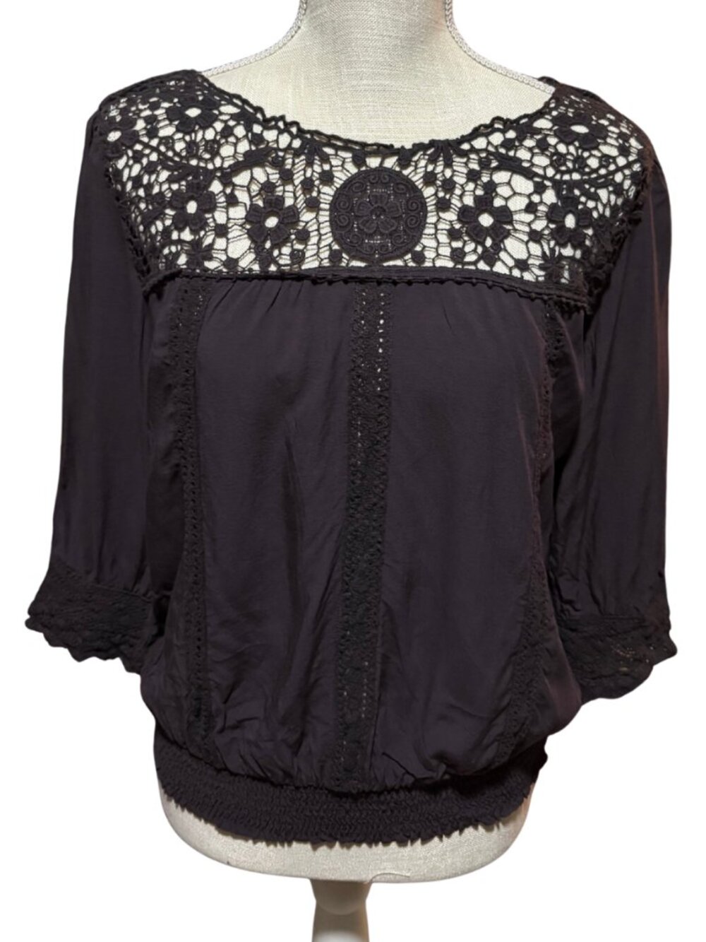 Solitaire Boho Crochet Lace Peasant Blouse Brown Cottagecore Festival Top S